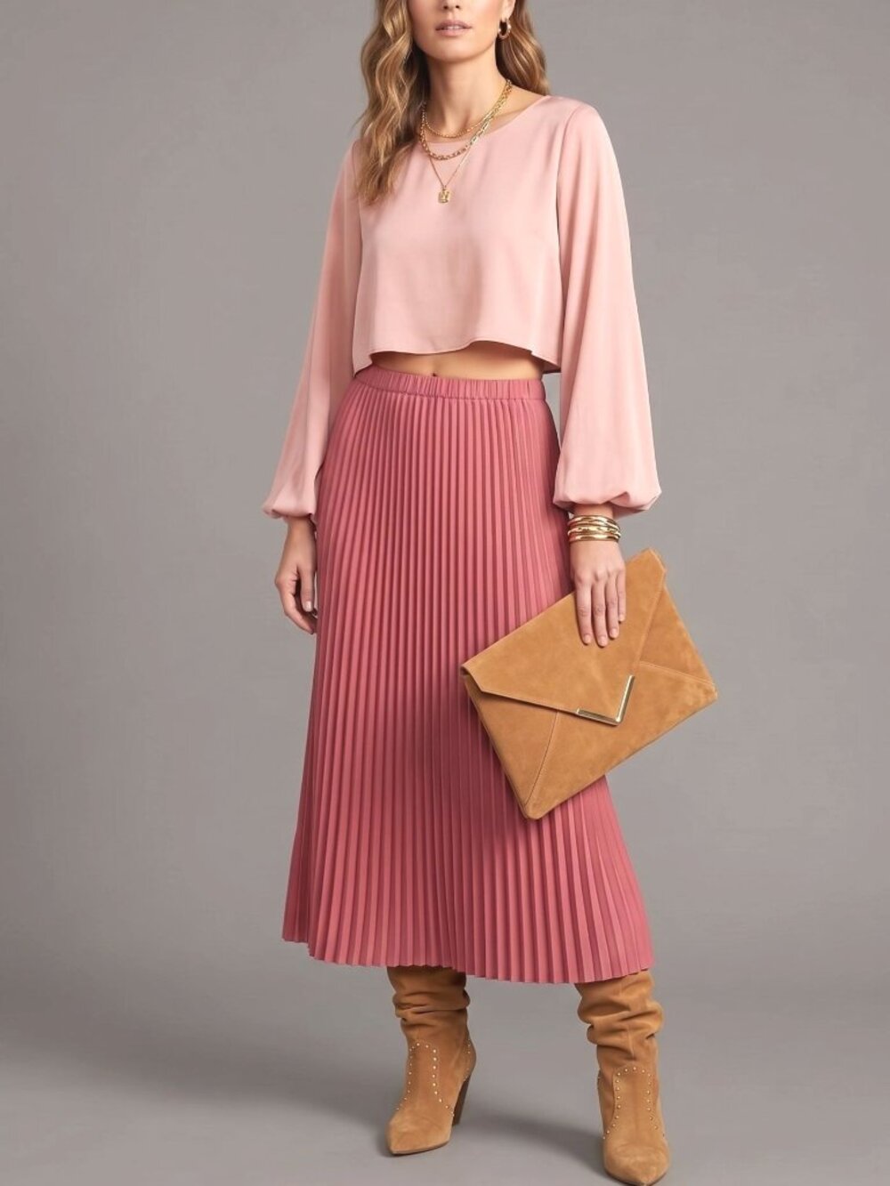 VTG Rana Rowan for SAVILLE Lagenlook Artsey Pleated Midi A-Line Skirt Pink 10/12